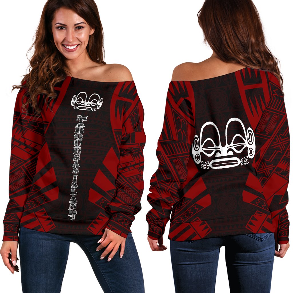 Marquesas Islands Women's Off Shoulder Sweater - Polynesian Tattoo Red Red - Polynesian Pride