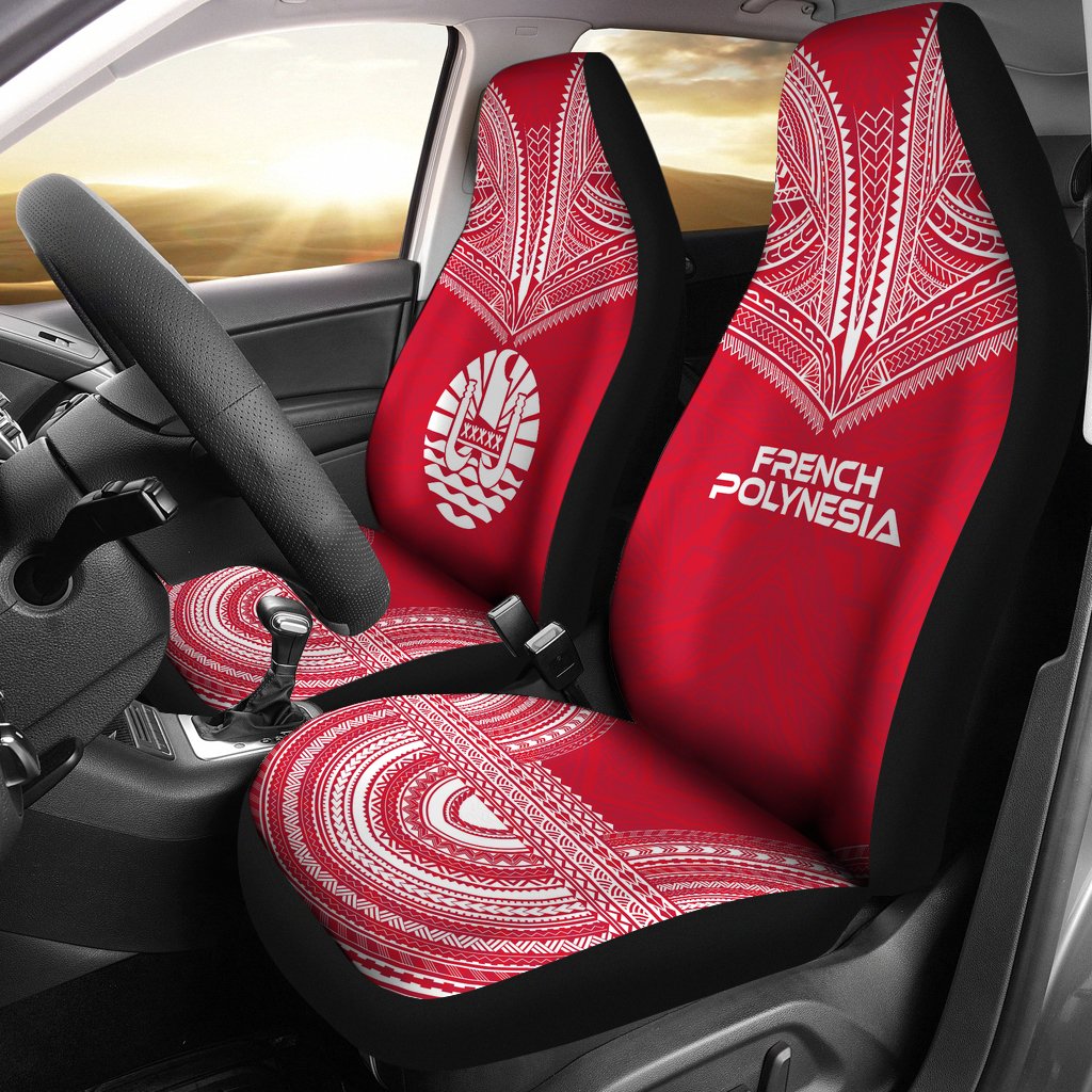 French Polynesian Car Seat Cover - French Polynesian Coat Of Arms Polynesian Chief Tattoo Red Version Universal Fit Red - Polynesian Pride