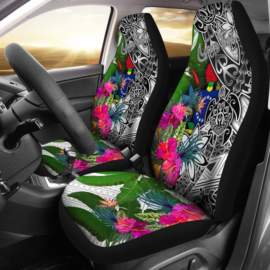 Cook Islands Custom Personalised Car Seat Covers White - Turtle Plumeria Banana Leaf Universal Fit White - Polynesian Pride