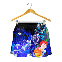 Pohnpei Custom Personalised Women's Shorts - Humpback Whale with Tropical Flowers (Blue) - Polynesian Pride