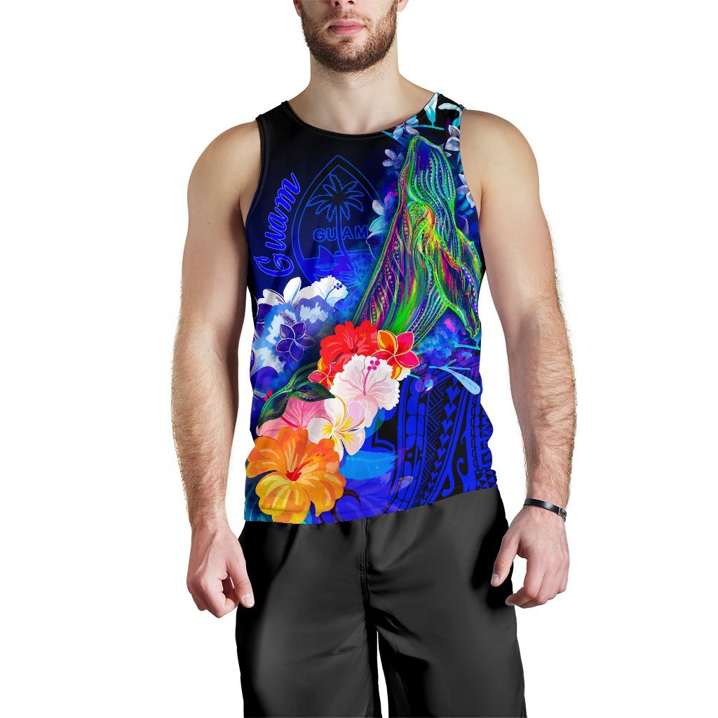 Guam Men's Tank Top - Humpback Whale with Tropical Flowers (Blue) - Polynesian Pride