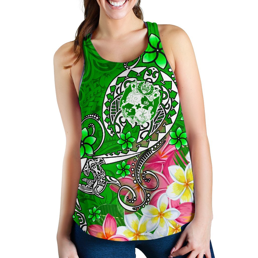 Tonga Women's Racerback Tank - Turtle Plumeria (Green) - Polynesian Pride