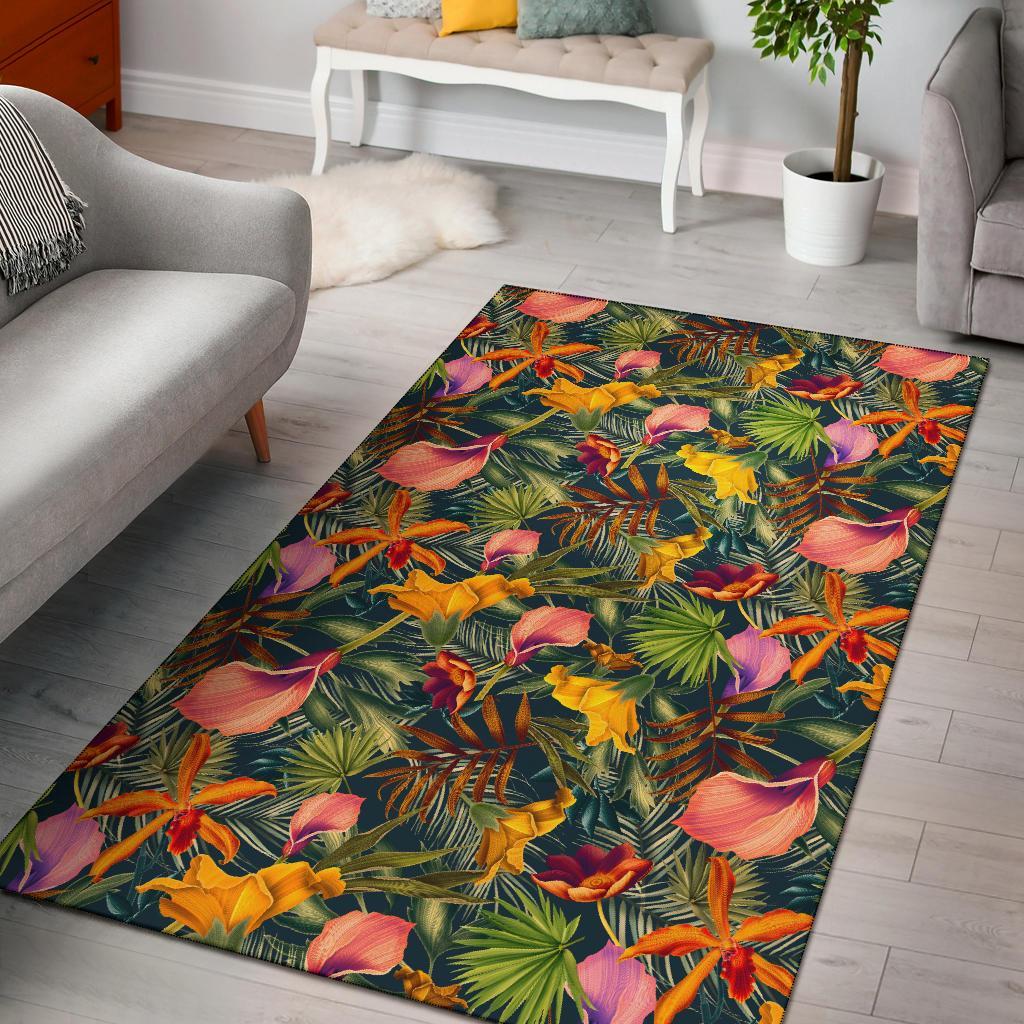 Seamless Tropical Flower Plant And Leaf Pattern Rug Black - Polynesian Pride