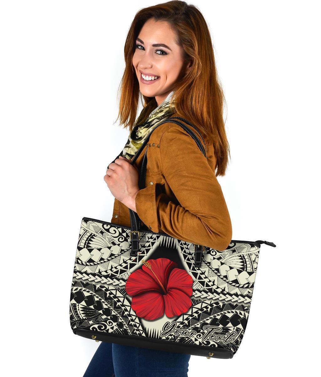 Personalised - Hawaii Hibiscus Culture Polynesian Large Leather Tote - Polynesian Pride