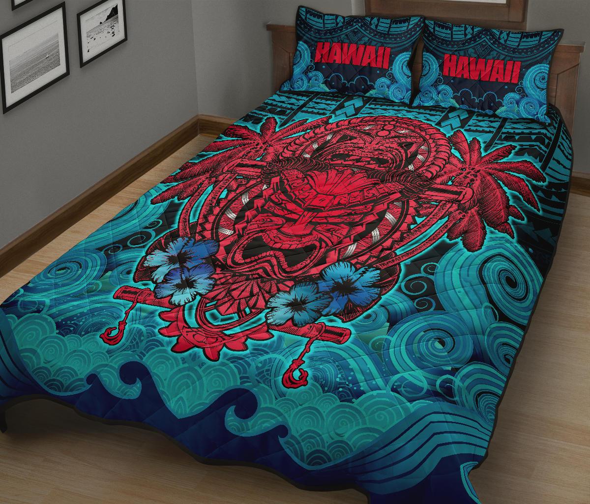 Hawaii Polynesian Quilt Bed Set - Hawaiian Red Tiki Face - Torquoise Version - Polynesian Pride