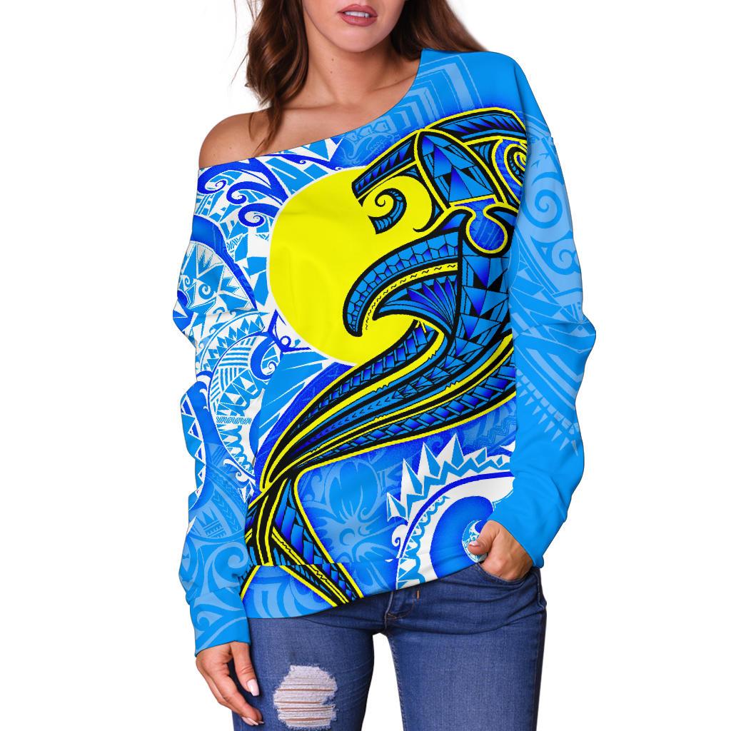 Palau Polynesian Women's Off Shoulder Sweater - Palau Flag with Polynesian Tattoo - Polynesian Pride