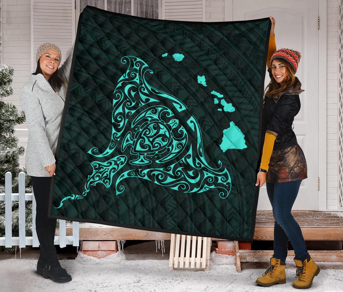 Rays Hawaii Map Polynesian Premium Quilt - Turquoise - Polynesian Pride