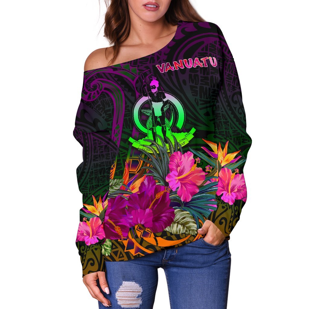 Vanuatu Women's Off Shoulder Sweater - Summer Hibiscus - Polynesian Pride