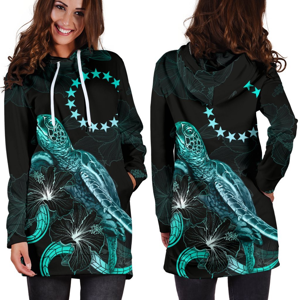 Cook Islands Polynesian Hoodie Dress - Turtle With Blooming Hibiscus Turquoise - Polynesian Pride