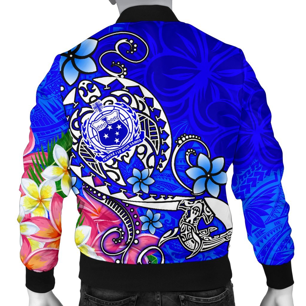 Samoa Custom Personalised Men's Bomber Jacket - Turtle Plumeria (Blue) - Polynesian Pride