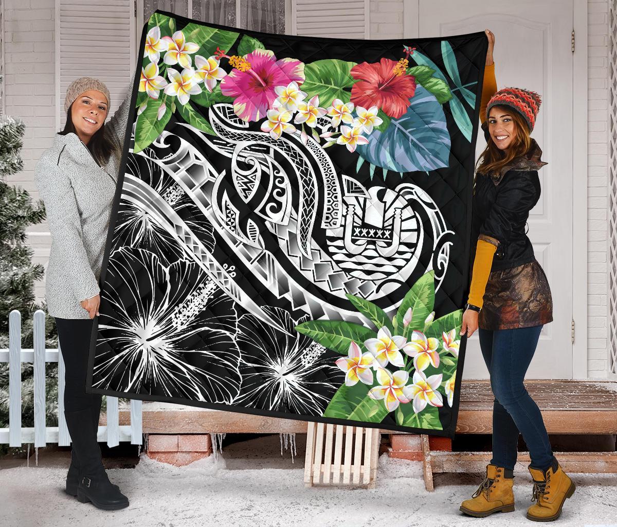 Tahiti Polynesian Premium Quilt - Summer Plumeria (Black) - Polynesian Pride