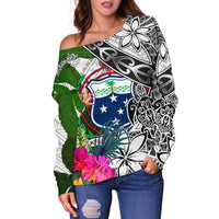 Samoa Women's Off Shoulder Sweater White - Turtle Plumeria Banana Leaf - Polynesian Pride