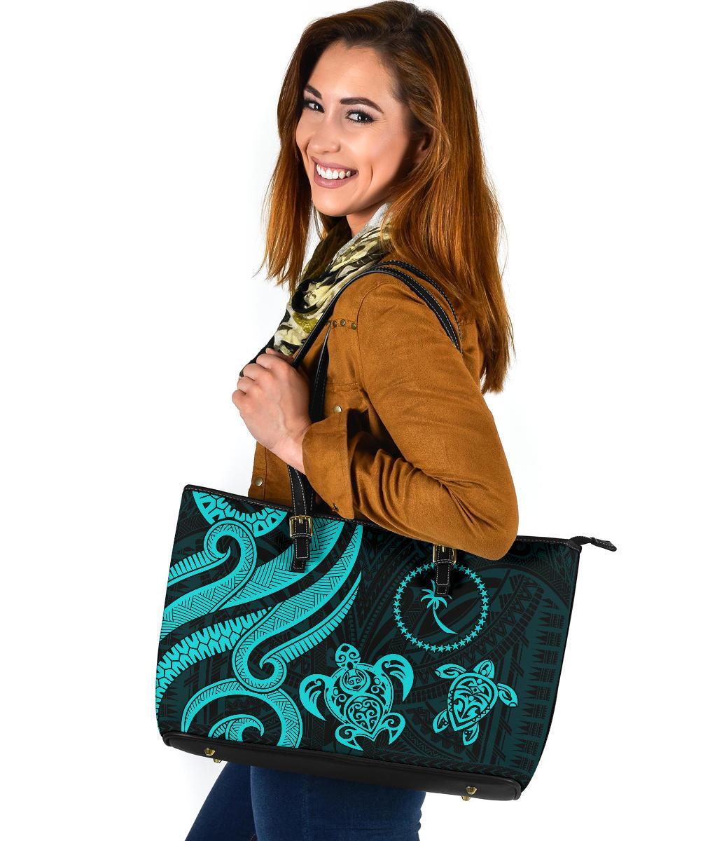 Chuuk Micronesian Large Leather Tote Bag - Turquoise Tentacle Turtle - Polynesian Pride