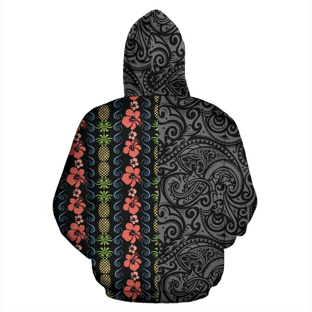 Hawaii Zip up Hoodie Hibiscus Flower Pineapple Polynesian Tattoo Half - Polynesian Pride