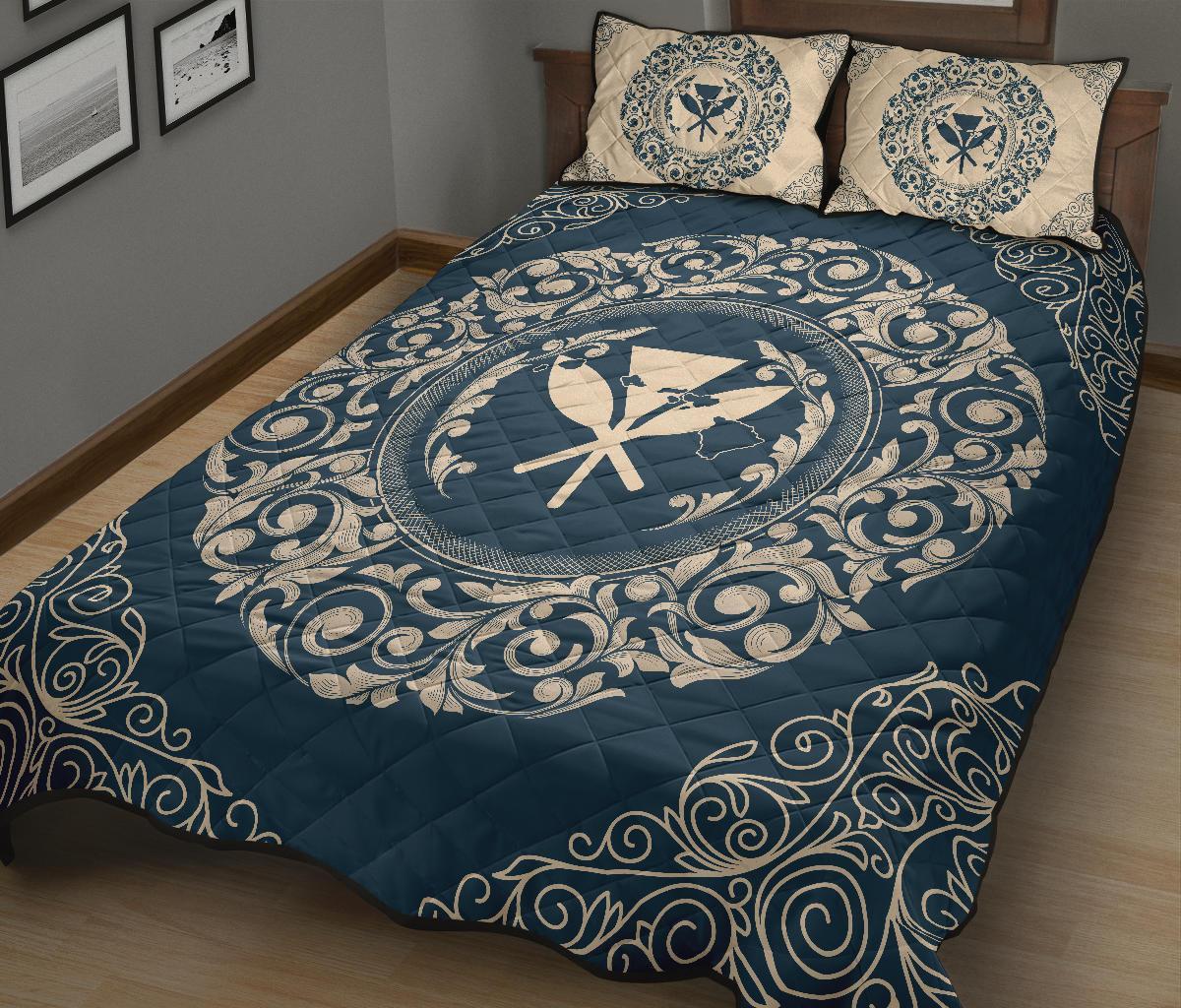 Hawaii Map Classic Floral Quilt Bed Set Blue - Polynesian Pride