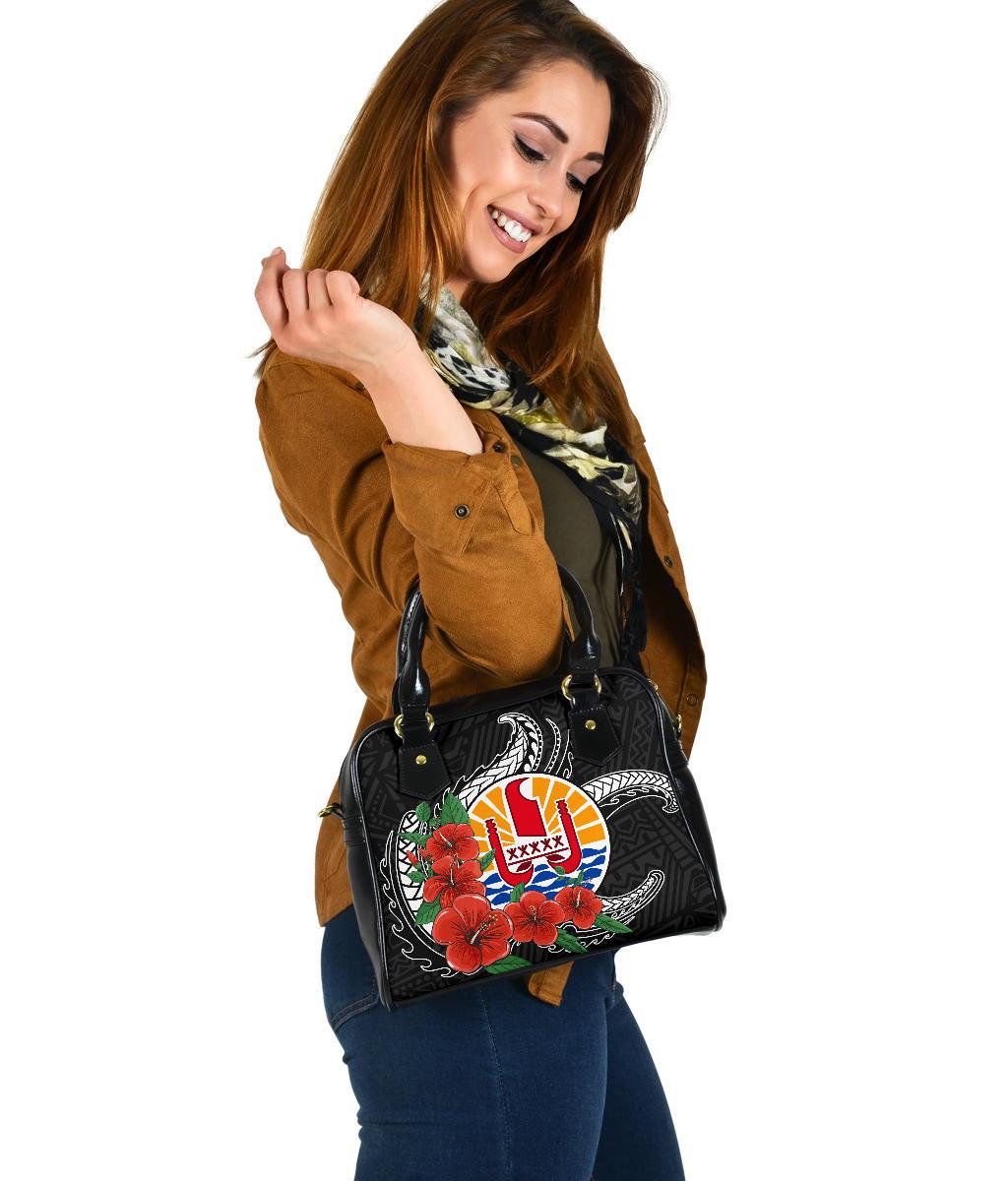 Tahiti Polynesian Shoulder Handbag - Hibiscus Coat of Arm Black - Polynesian Pride