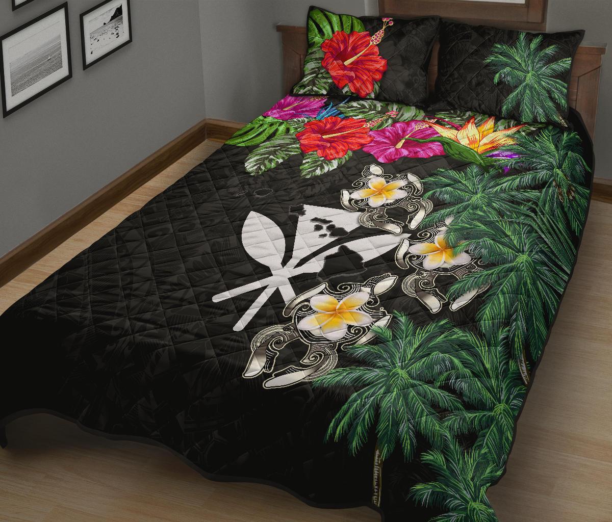 Kanaka Maoli (Hawaiian) Quilt Bed Set - Hibiscus Turtle Tattoo Black - Polynesian Pride
