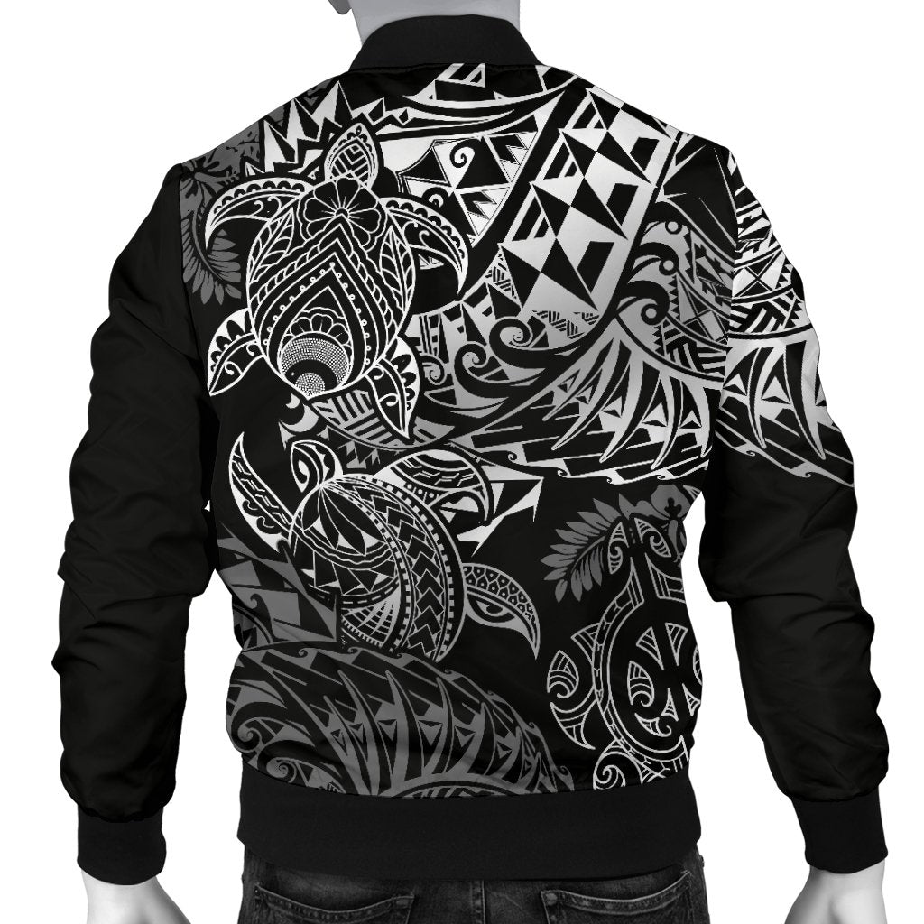 Tahiti Polynesian Men Bomber Jacket - White Turtle Hibiscus Flowing - Polynesian Pride