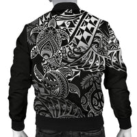 Tahiti Polynesian Men Bomber Jacket - White Turtle Hibiscus Flowing - Polynesian Pride