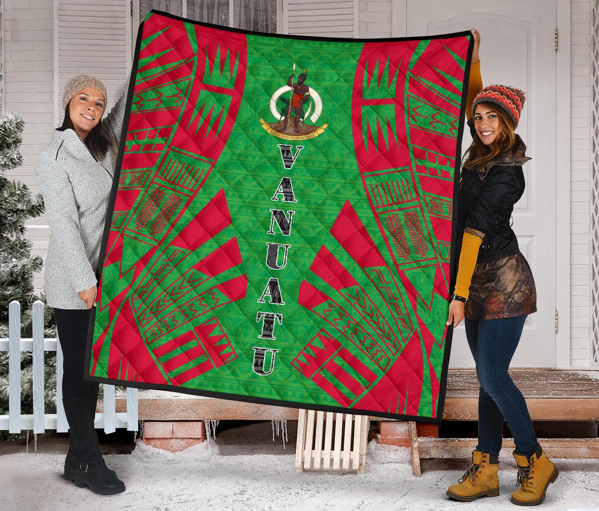 Vanuatu Premium Quilt - Vanuatu Coat Of Arms Polynesian Red Tattoo (Green) - Polynesian Pride