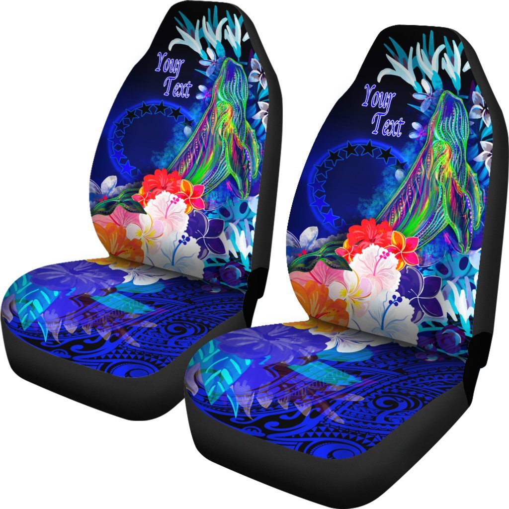 Cook Islands Custom Personalised Car Seat Covers - Humpback Whale with Tropical Flowers (Blue) - Polynesian Pride