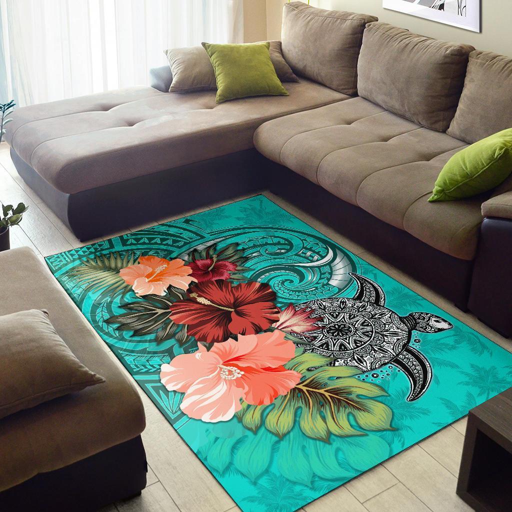 Turtle Polynesian Area Rug Hibiscus Polynesian Turquoise - Polynesian Pride