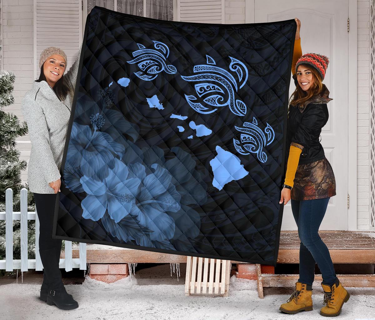 Hawaii Hibiscus Map Polynesian Ancient Blue Premium Quilt - Polynesian Pride