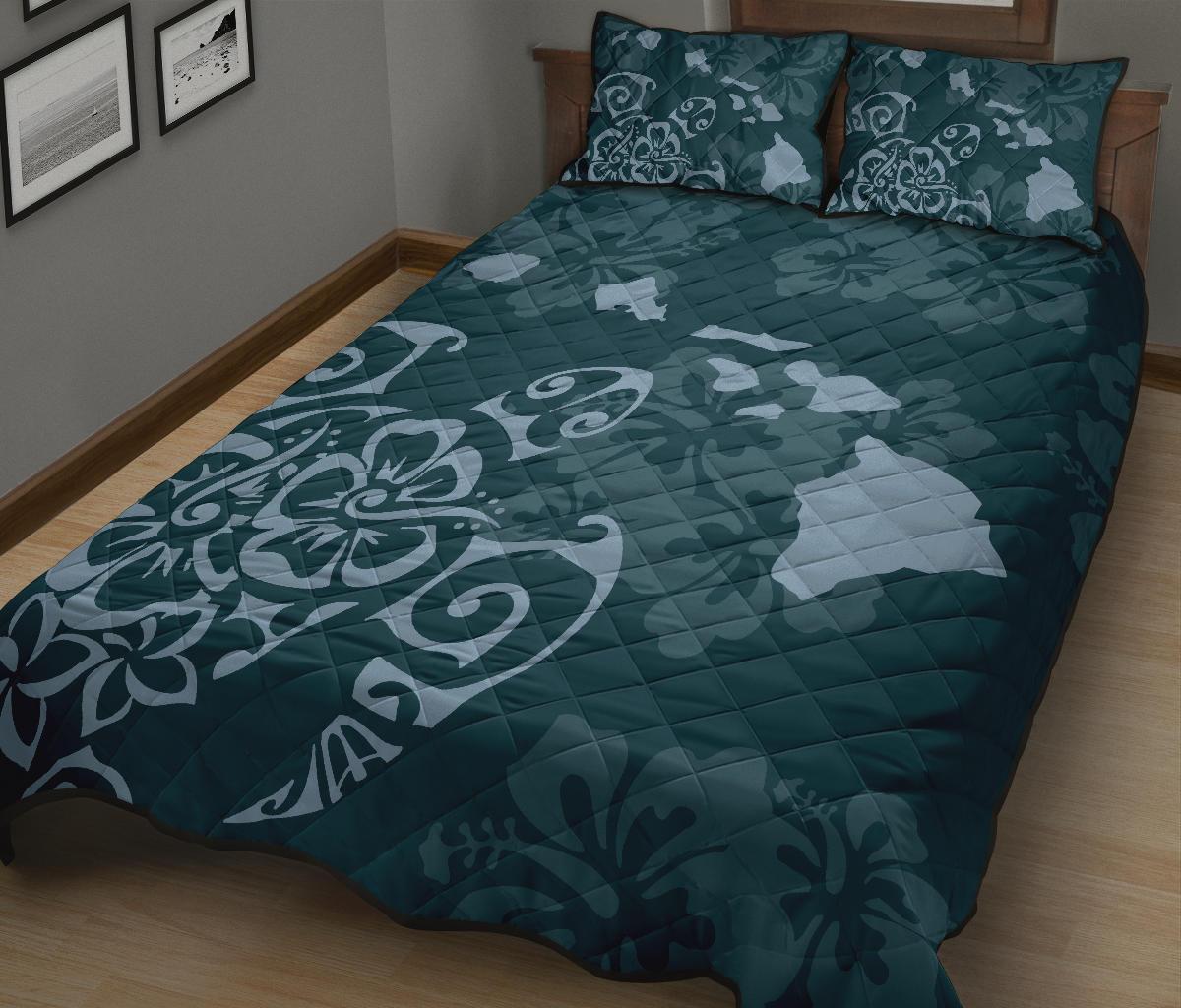 Hawaii Quilt Bed Set - Turtle Hibiscus Map Blue Quilt Bed Set - Polynesian Pride