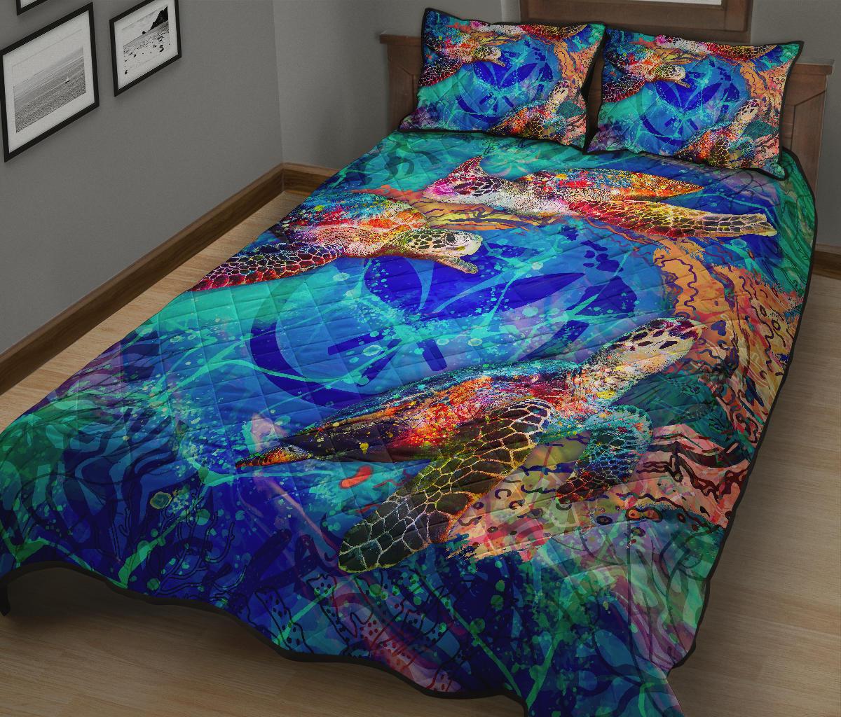 Hawaii Polynesian Quilt Bed Set - Kanaka Maoli Turtle Coral Treasure - Polynesian Pride