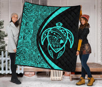 Hawaii Turtle Map Polynesian Premium Quilt - Turquoise - Circle Style - Polynesian Pride