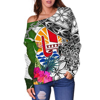 Tahiti Custom Personalised Women's Off Shoulder Sweater White - Turtle Plumeria Banana Leaf - Polynesian Pride