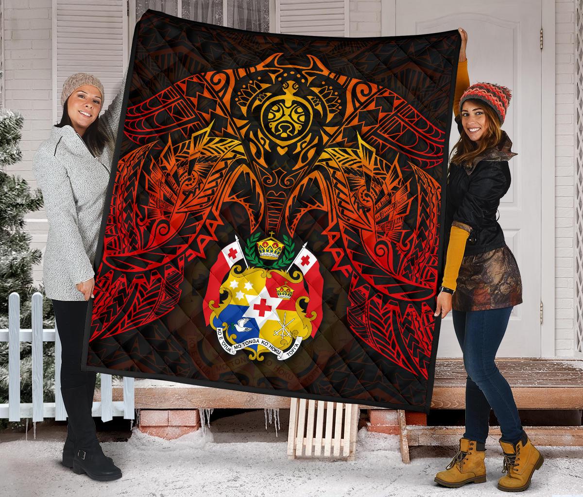 Tonga Polynesian Premium Quilt - Tonga Coat Of Arms & Red Manta Ray - Polynesian Pride