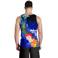 Kosrae Custom Personalised Men's Tank Top - Humpback Whale with Tropical Flowers (Blue) - Polynesian Pride