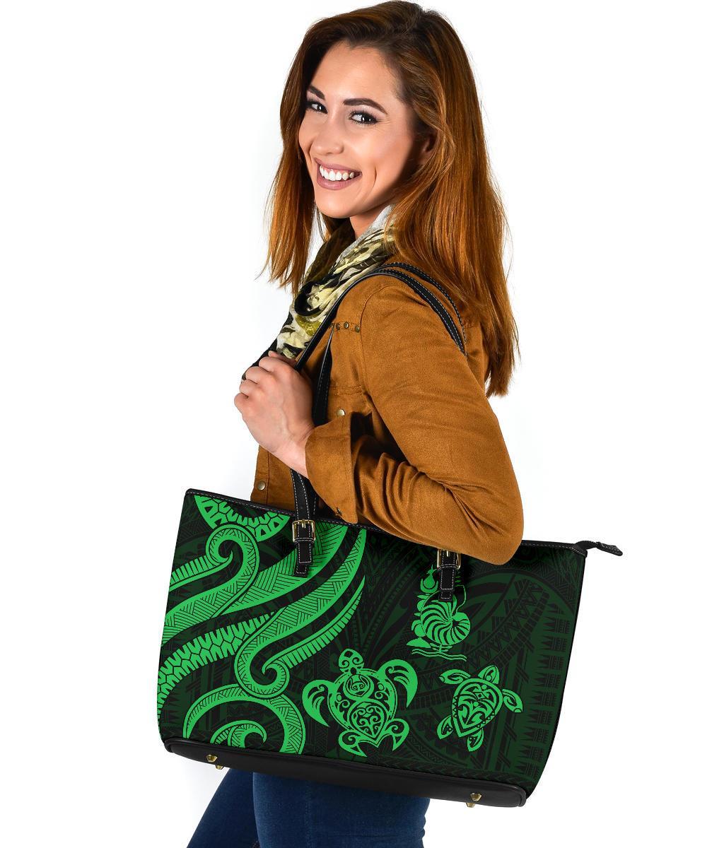 New Caledonia Large Leather Tote - Green Tentacle Turtle - Polynesian Pride