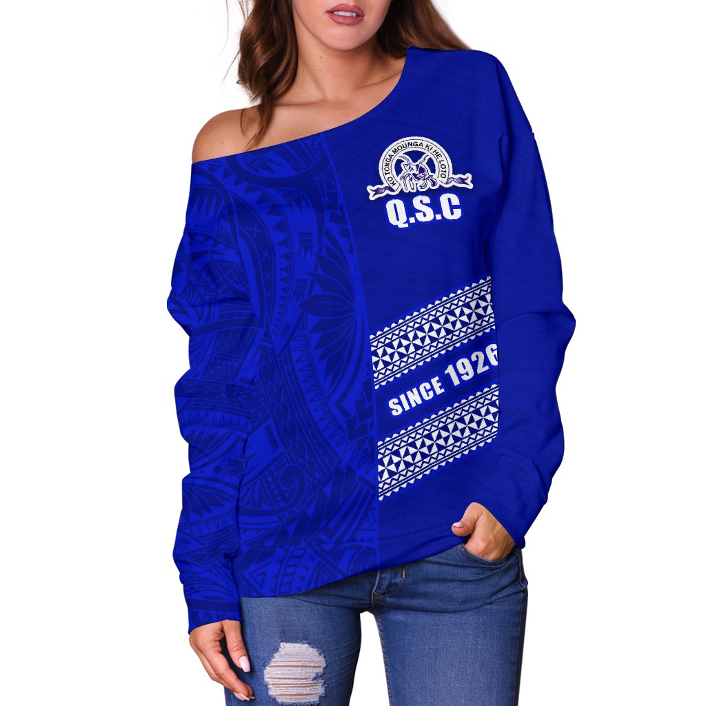 (Custom Personalised) Queen Salote Off Shoulder Sweater Tonga College Blue - Polynesian Pride
