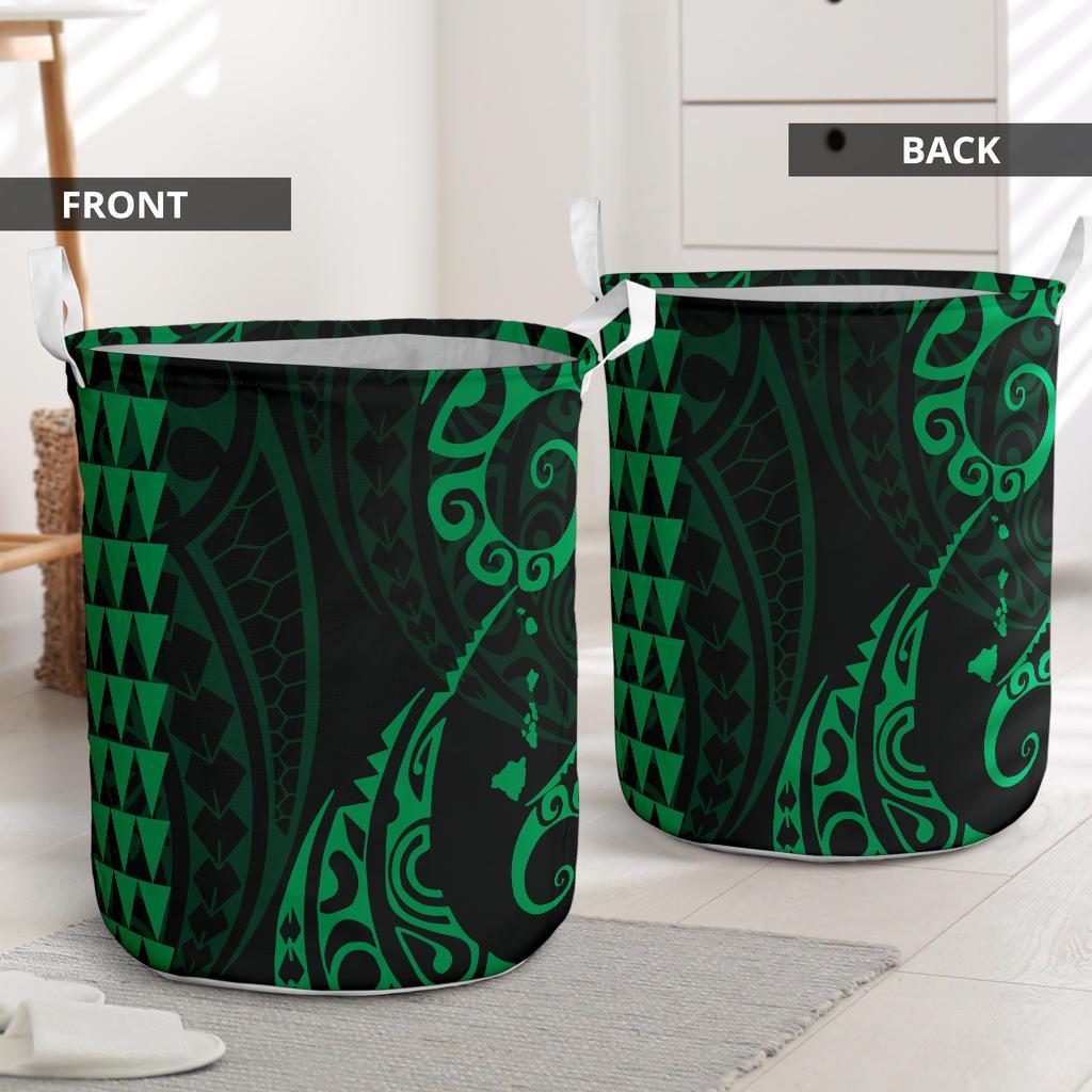 Kakau Polynesian Map Hawaii Laundry Basket Green AH - Polynesian Pride