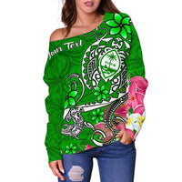 Guam Custom Personalised Women's Off Shoulder Sweater - Turtle Plumeria (Green) - Polynesian Pride