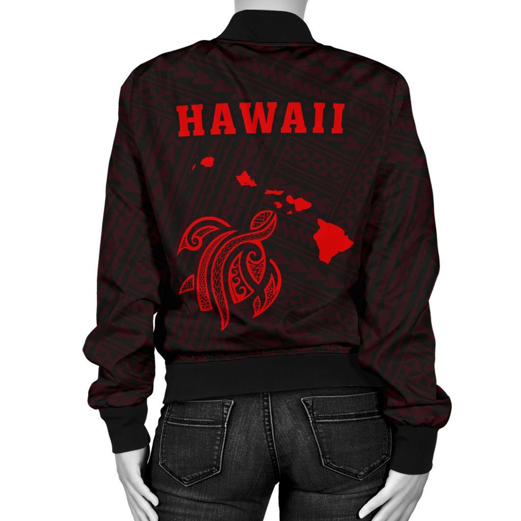 Hawaii Kakau Polynesian Turtle Map Women's Bomber Jacket - Red - Polynesian Pride