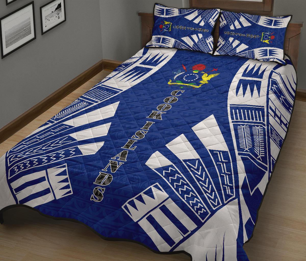 Cook Islands Quilt Bed Set - Cook Islands Coat Of Arms & Polynesian White Tattoo Style - Polynesian Pride