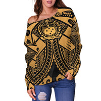 Samoa Polynesian Women's Off Shoulder Sweater - Samoa Gold Seal with Polynesian Tattoo - Polynesian Pride