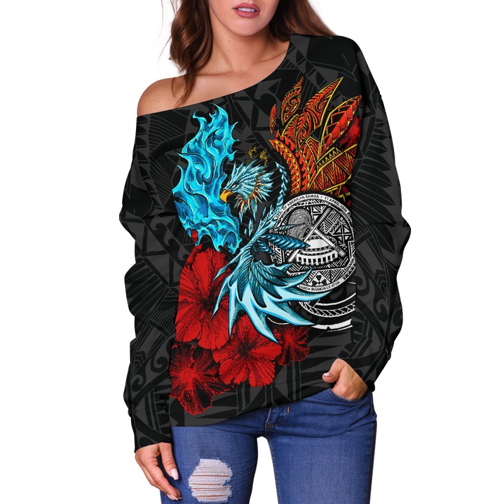 American Samoa Women's Off Shoulder Sweater - Polynesian Eagle - Polynesian Pride