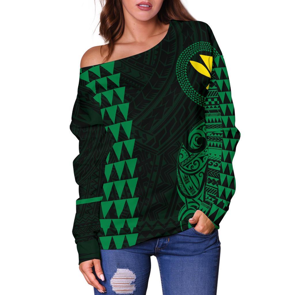 Hawaii Kanaka Polynesian Personalized Women's Off Shoulder Sweater - Green - Polynesian Pride