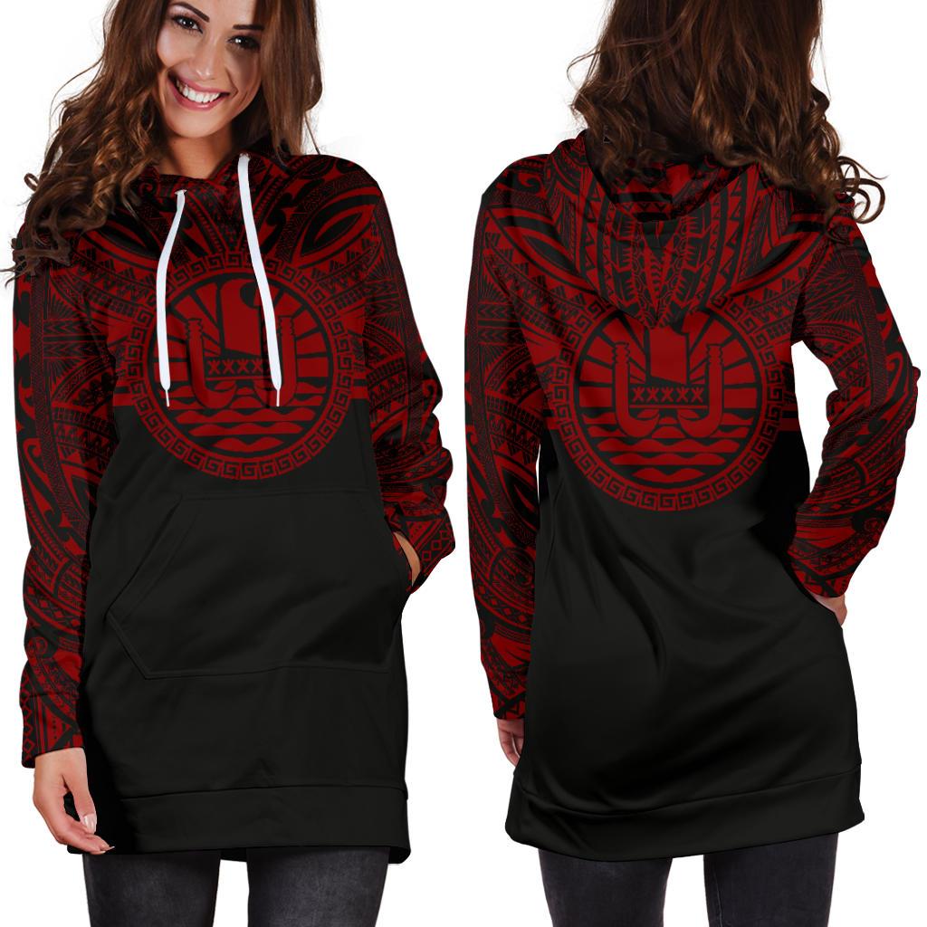Tahiti Women Hoodie Dress - Tahiti Coat Of Arms Polynesian Red Black - Polynesian Pride