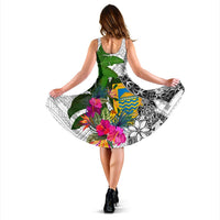 Tuvalu Midi Dress White - Turtle Plumeria Banana Leaf - Polynesian Pride