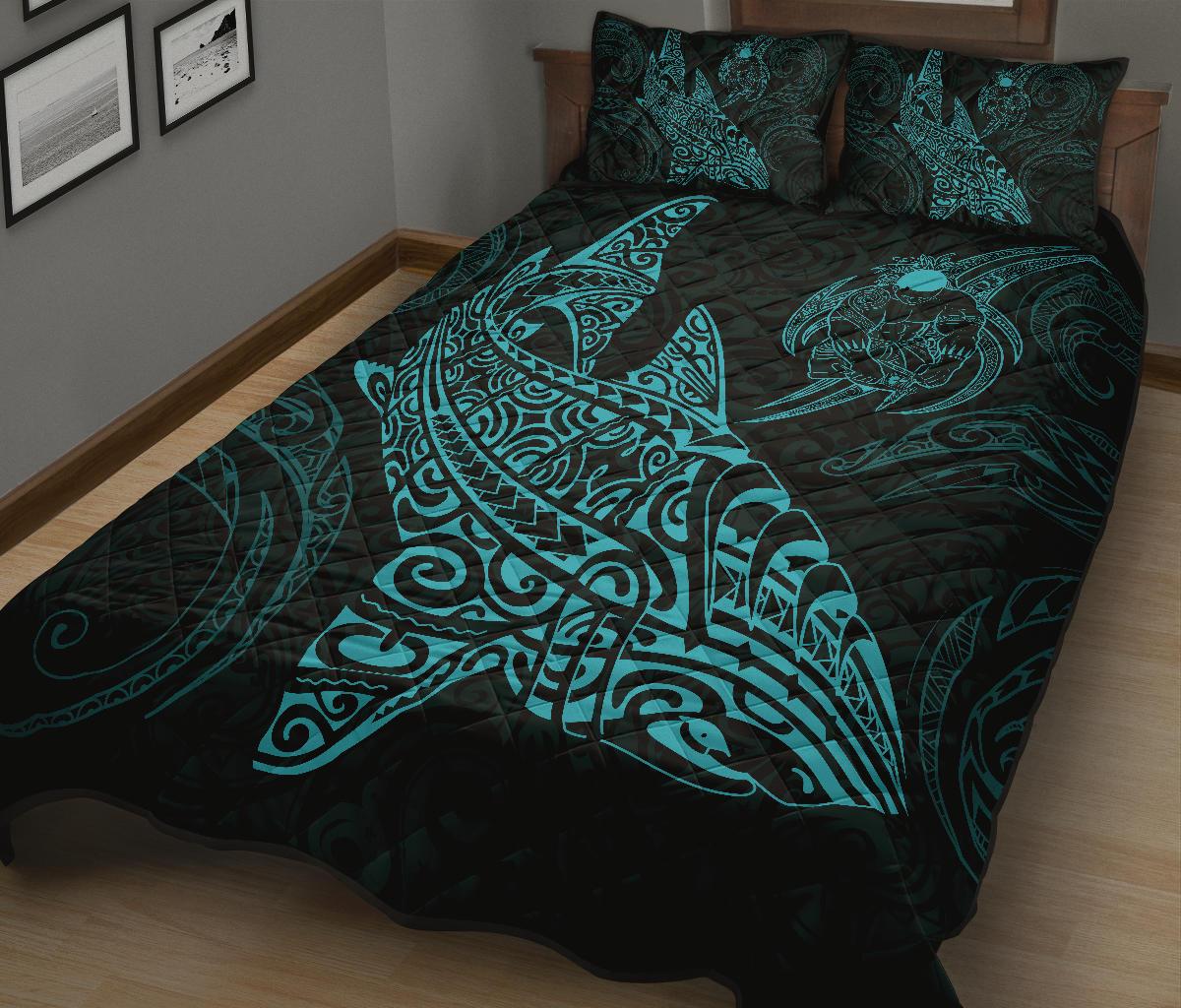 Polynesian Quilt Bed Set - Polynesian Blue Shark Warrior Tattoo - Polynesian Pride