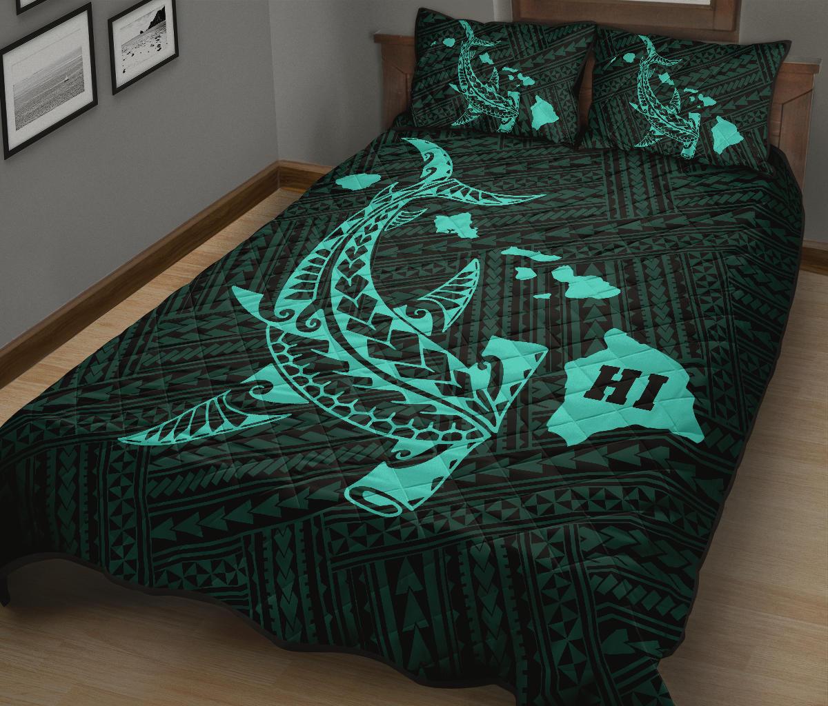 Hawaiian Map Hamerhead Shark Polynesian Quilt Bedding Set Turquoise - Polynesian Pride