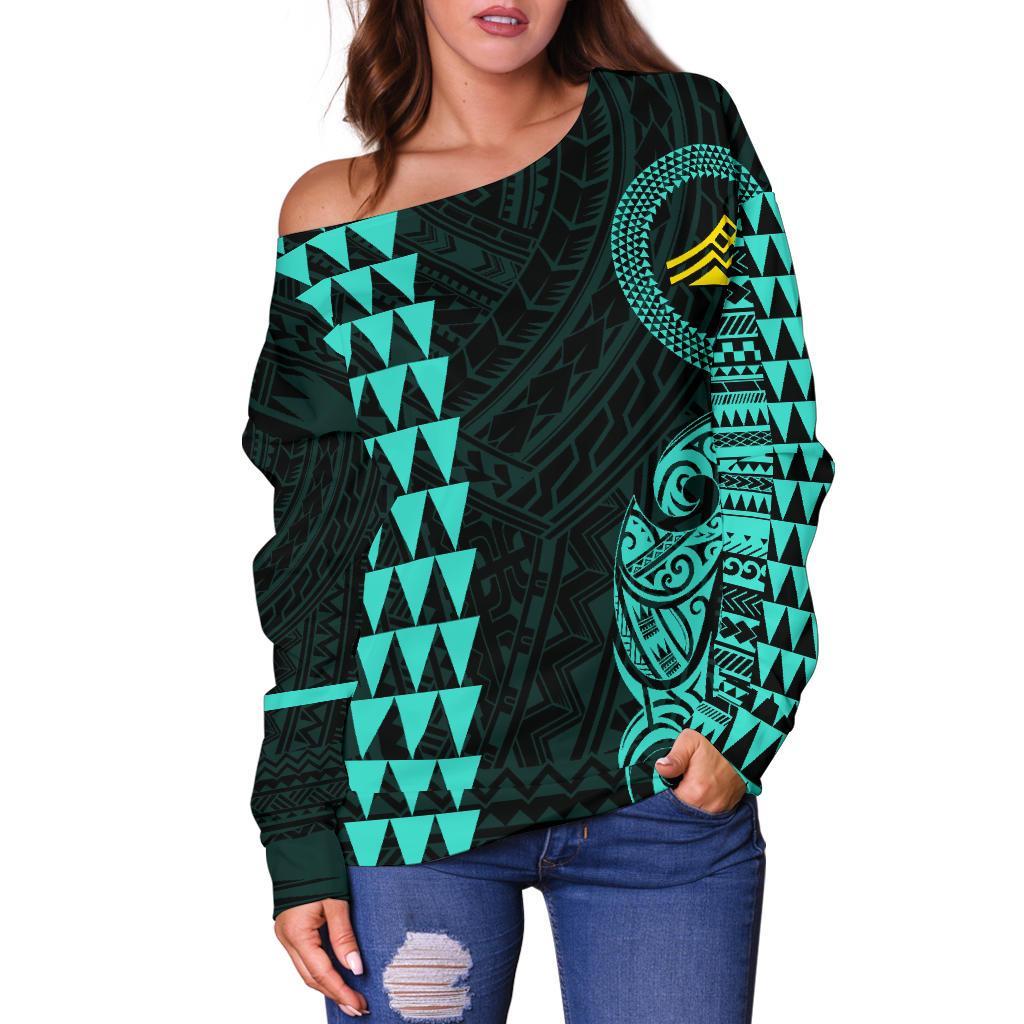 Hawaii Mauna Kea Polynesian Women's Off Shoulder Sweater - Turquoise - Polynesian Pride