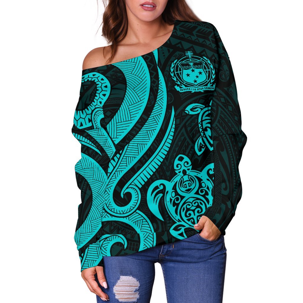 Samoa Polynesian Women Of Shoulder Sweater - Turquoise Tentacle Turtle - Polynesian Pride