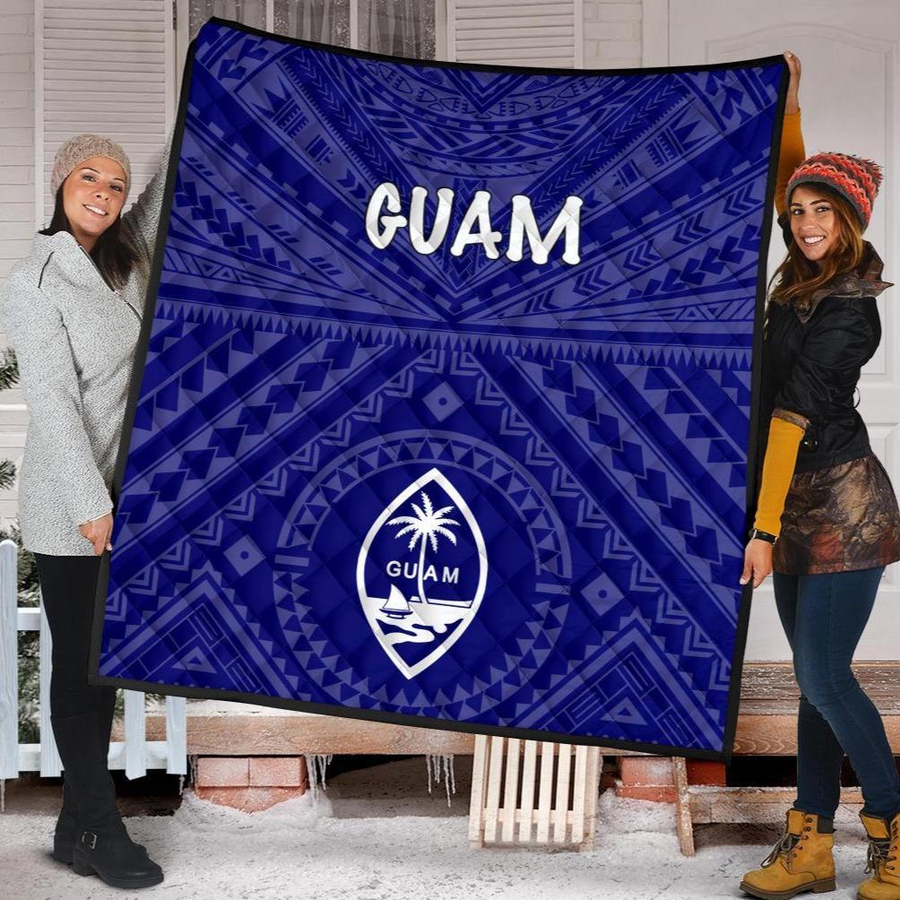 Guam Premium Quilt - Guam Seal With Polynesian Tattoo Style (Blue) - Polynesian Pride