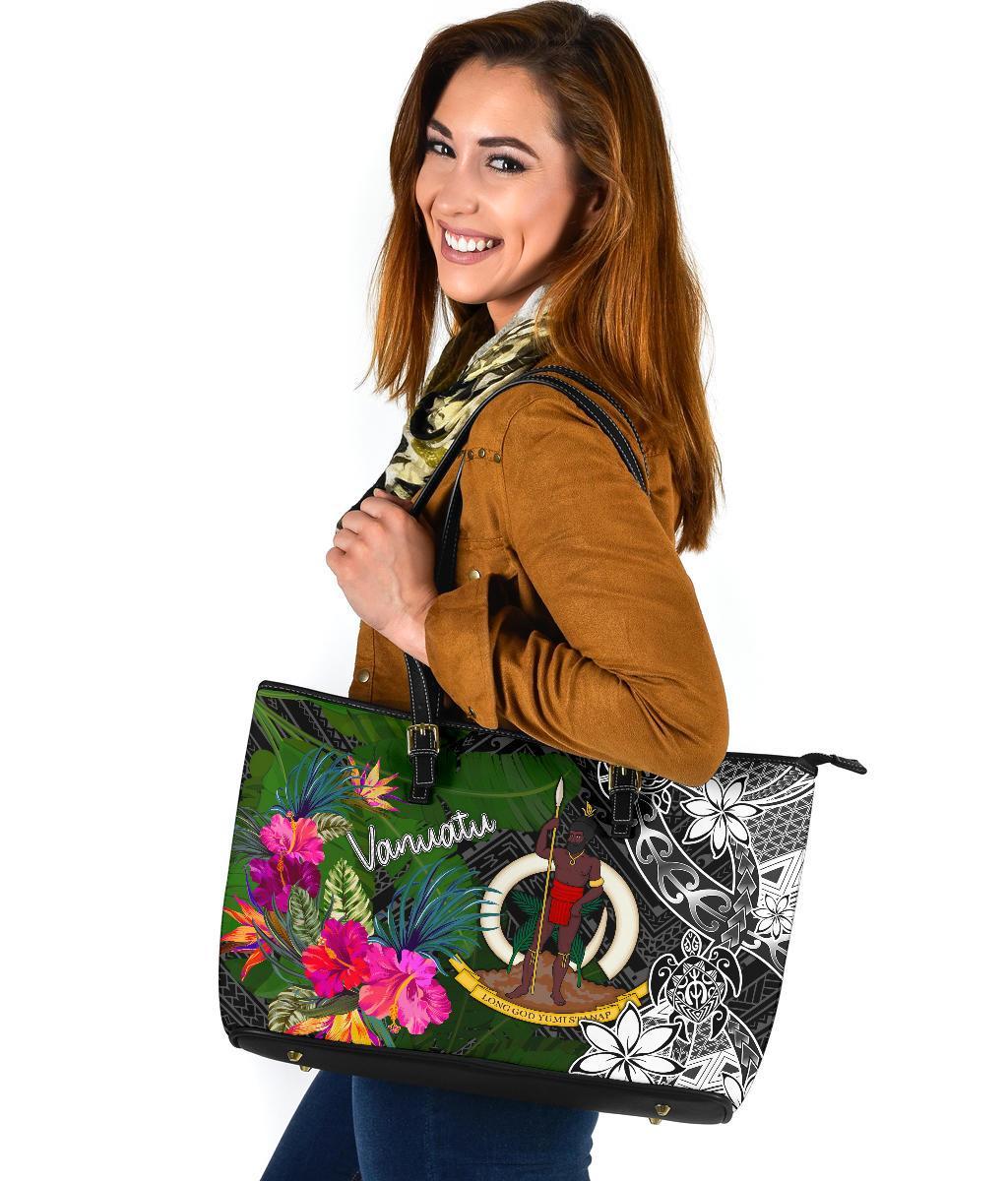 Vanuatu Large Leather Tote Bag - Turtle Plumeria Banana Leaf - Polynesian Pride
